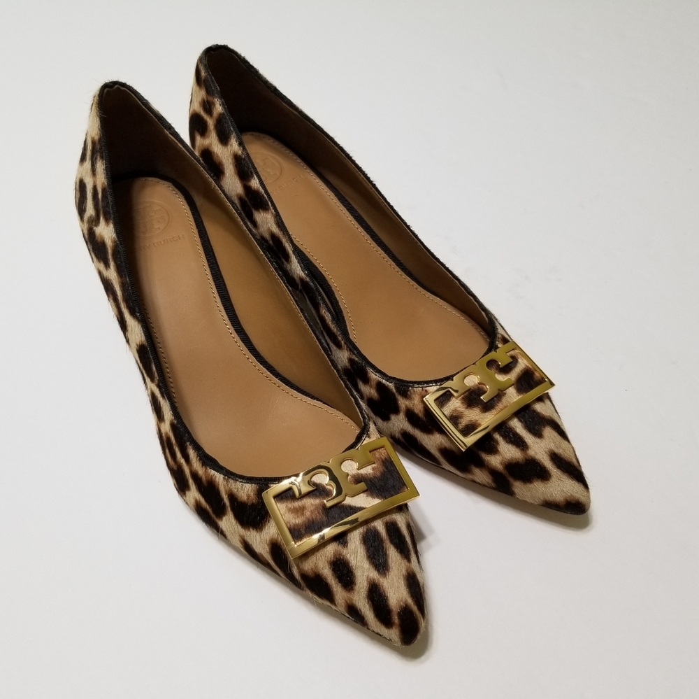 NWOB Tory Burch Gigi Calf-Hair Leopard Wedge Pumps Size 9 $348 - Picture 5 of 16